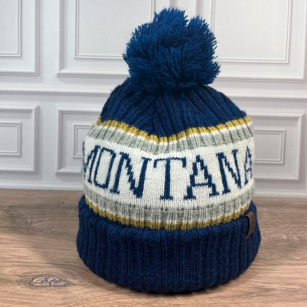 Robin Ruth Montana Beanie Blue Gray Striped Pom Pom Knit Hat One Size